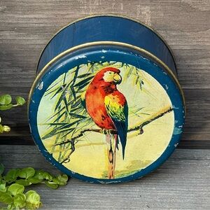 Vintage Parrot Tin - Colorful Metal Container with Parrot Illustration